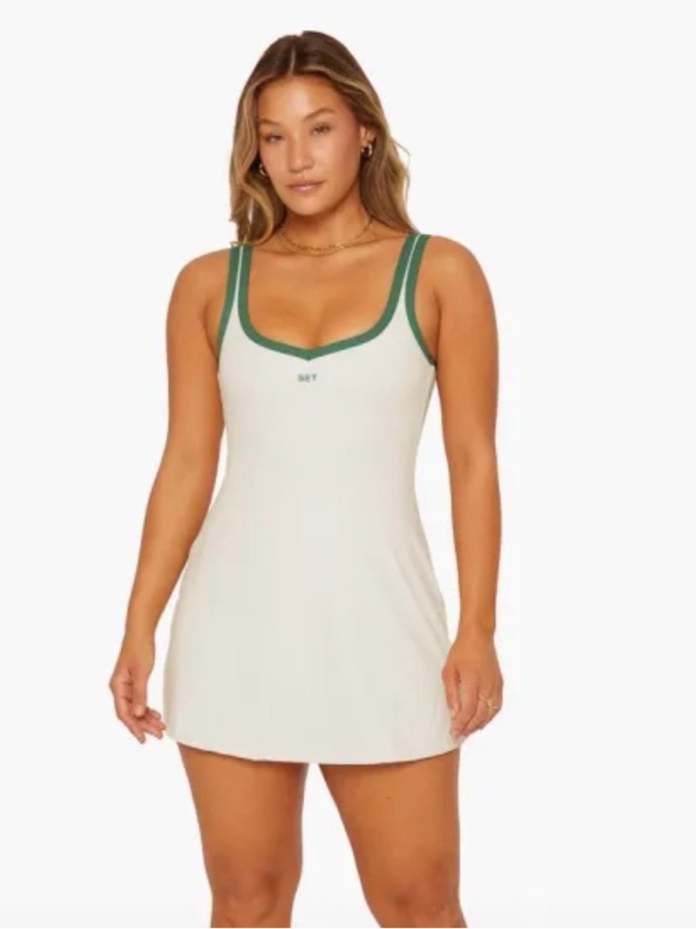 SET Active Cream Tank Dress with Green Trim